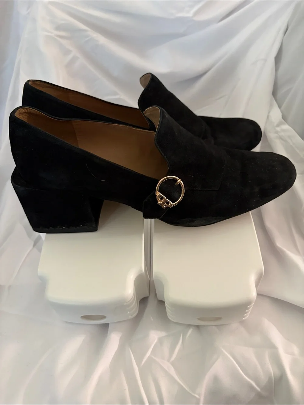 Tory Burch Black Suede Slip-On Loafers with Gold-Tone Buckle